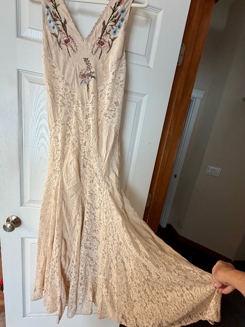 Zara Magnolia Cream Lace V-Neck maxi dress with Embroidered Accents